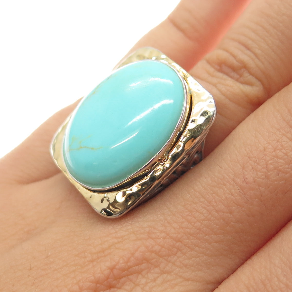 925 Sterling Silver 2-Tone Vintage Real Tyrone Turquoise Hammered Ring Size 6