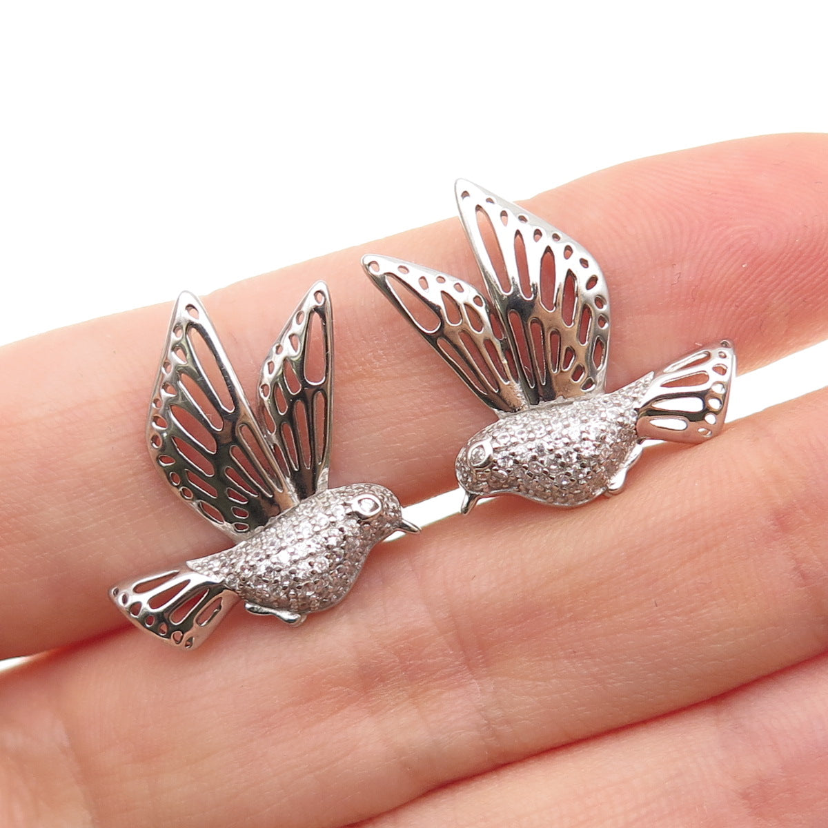 925 Sterling Silver Round-Cut C Z Hummingbird Earrings