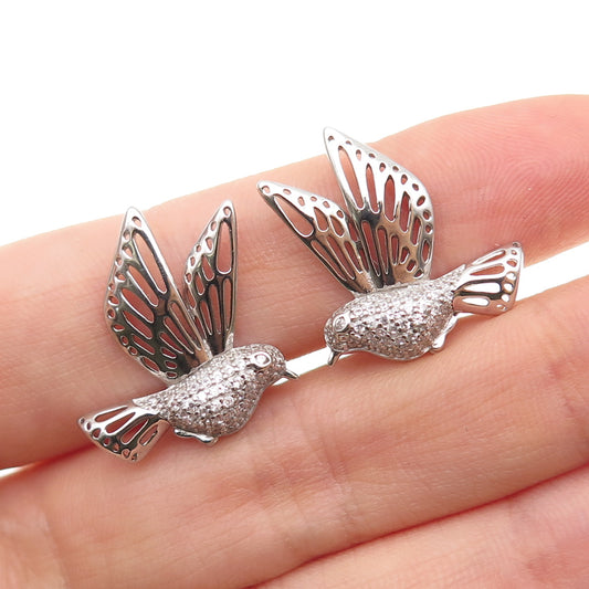 925 Sterling Silver Round-Cut C Z Hummingbird Earrings