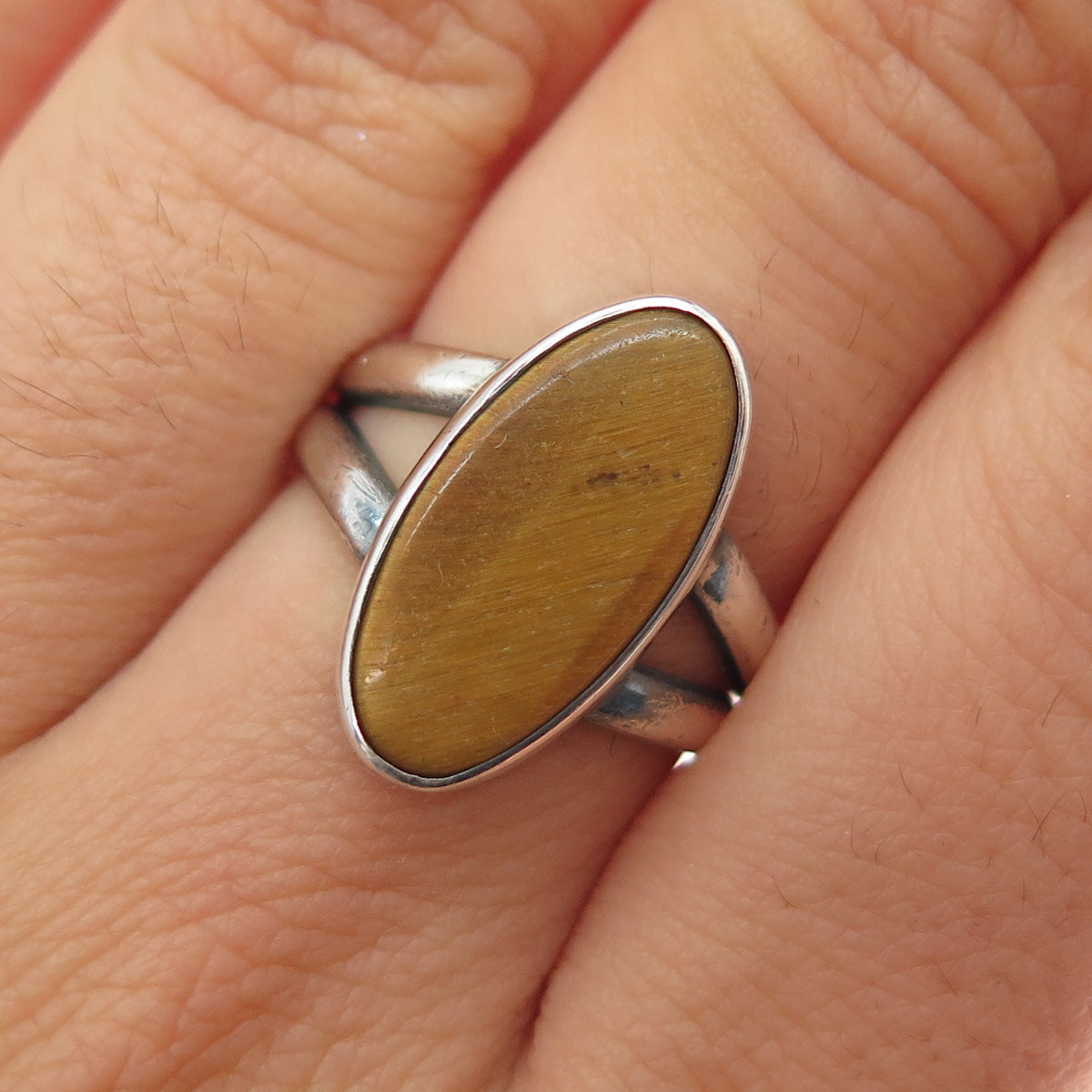 Giles Tasco Sterling Silver Vintage Mexico Real Tiger Eye Modernist Ring Size 7