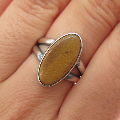 Giles Tasco Sterling Silver Vintage Mexico Real Tiger Eye Modernist Ring Size 7