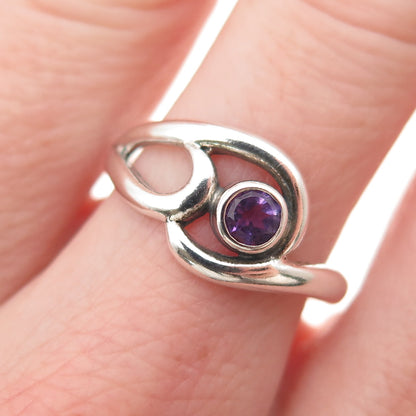 925 Sterling Silver Vintage Real Amethyst Modernist Swirl Oxidized Ring Size 8