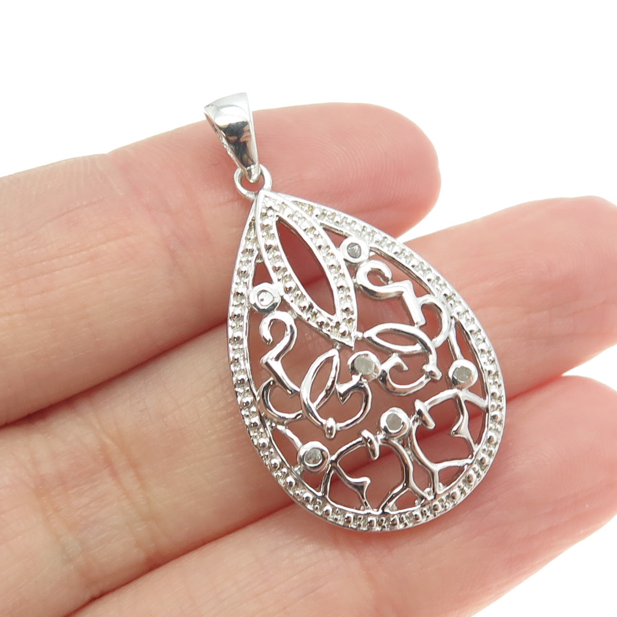 925 Sterling Silver Real Round-Cut Diamond Ornate Teardrop Pendant