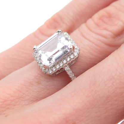 925 Sterling Silver Emerald & Round-Cut C Z Engagement Ring Size 5.25