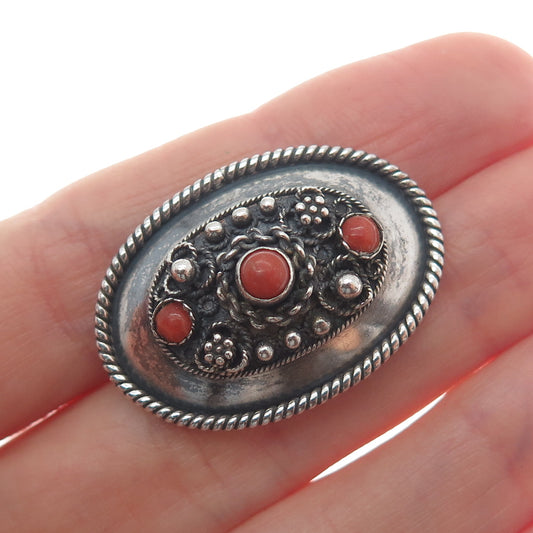935 Silver Vintage Israel Real Coral Floral Oxidized Pin Brooch