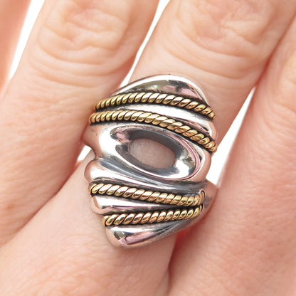 925 Sterling Silver 2-Tone Vintage Mexico Modernist Oxidized Ring Size 7.25