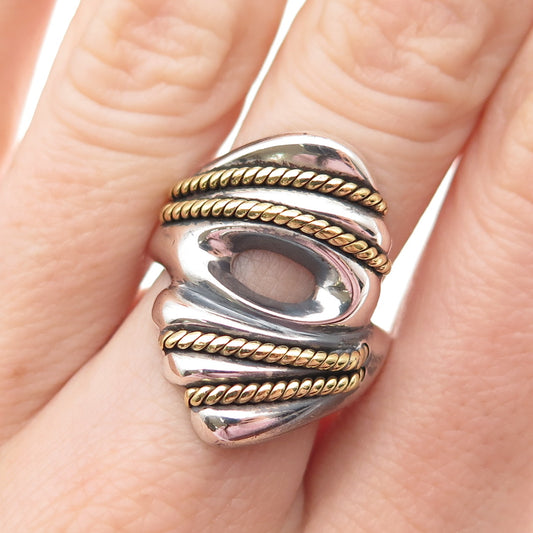 925 Sterling Silver 2-Tone Vintage Mexico Modernist Oxidized Ring Size 7.25
