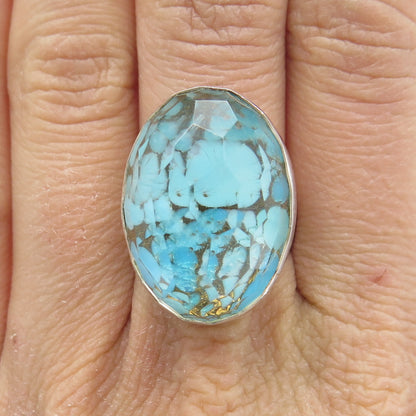 925 Sterling Silver Vintage Real Doublet Turquoise Adjustable Ring Size 7.75