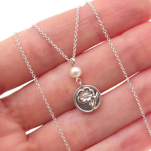 Tiffany & Co. 925 Sterling Silver Vintage Real Pearl Hibiscus Motif Necklace 16"