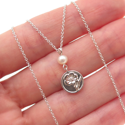 Tiffany & Co. 925 Sterling Silver Vintage Real Pearl Hibiscus Motif Necklace 16"