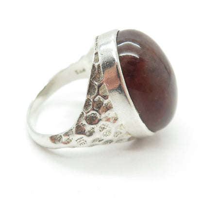 925 Sterling Silver Vintage Real Cabochon Agate Hammered Ring Size 7