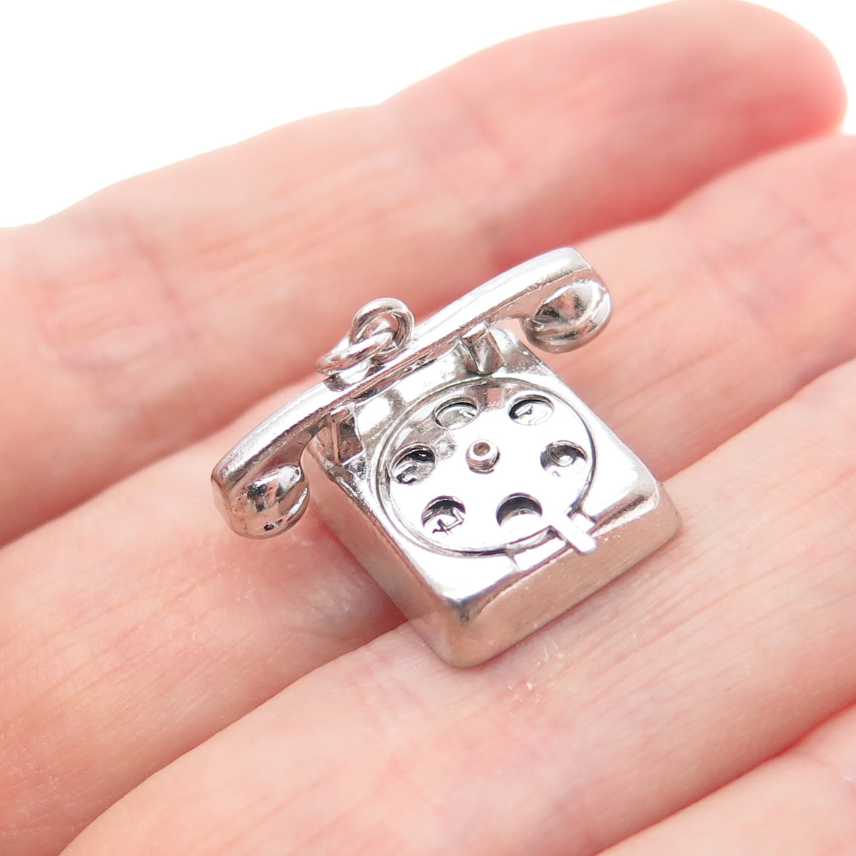 WELLS 925 Sterling Vintage I Love You Retro Rotary Phone Movable Mini 3D Pendant