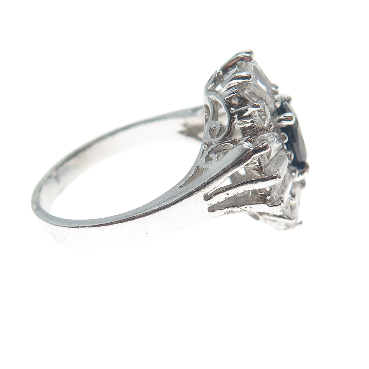 925 Sterling Silver Real Sapphire Gemstone & Multi-C Z Cluster Cross Ring Size 6