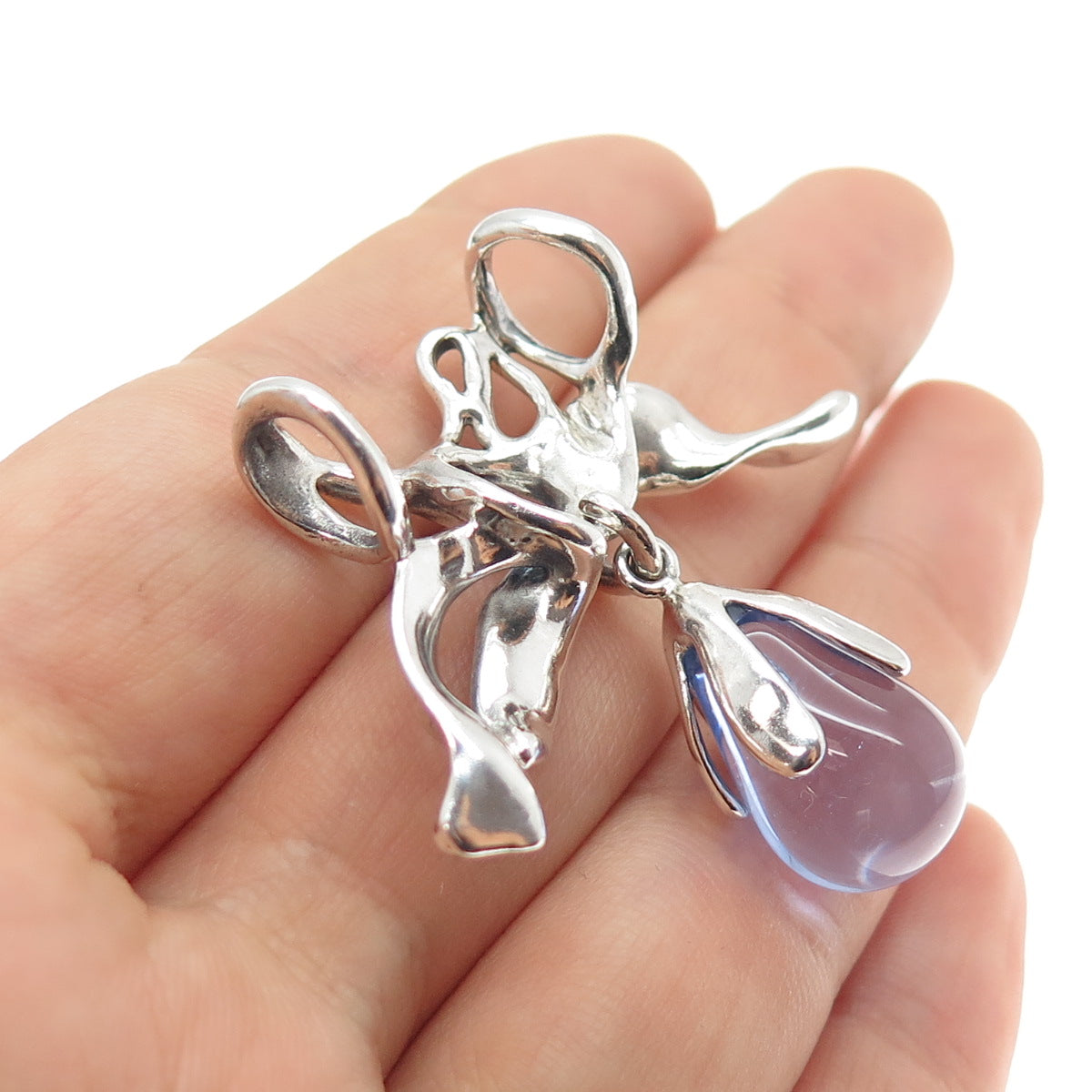 925 Sterling Silver Vintage Blue Glass Modernist Ribbon Bow Slide Pendant