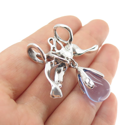 925 Sterling Silver Vintage Blue Glass Modernist Ribbon Bow Slide Pendant