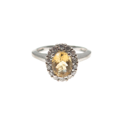925 Sterling Silver Real Oval-Cut Citrine & C Z Ring Size 7.25