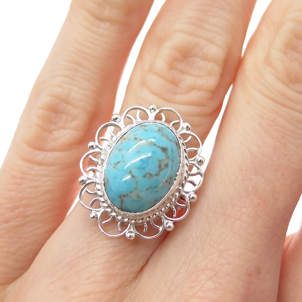 925 Sterling Silver Vintage Faux Turquoise Filigree Flower Ring Size 5