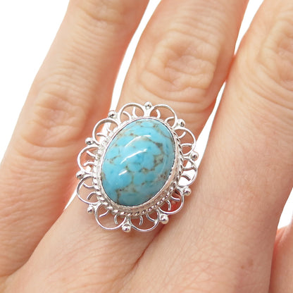 925 Sterling Silver Vintage Faux Turquoise Filigree Flower Ring Size 5