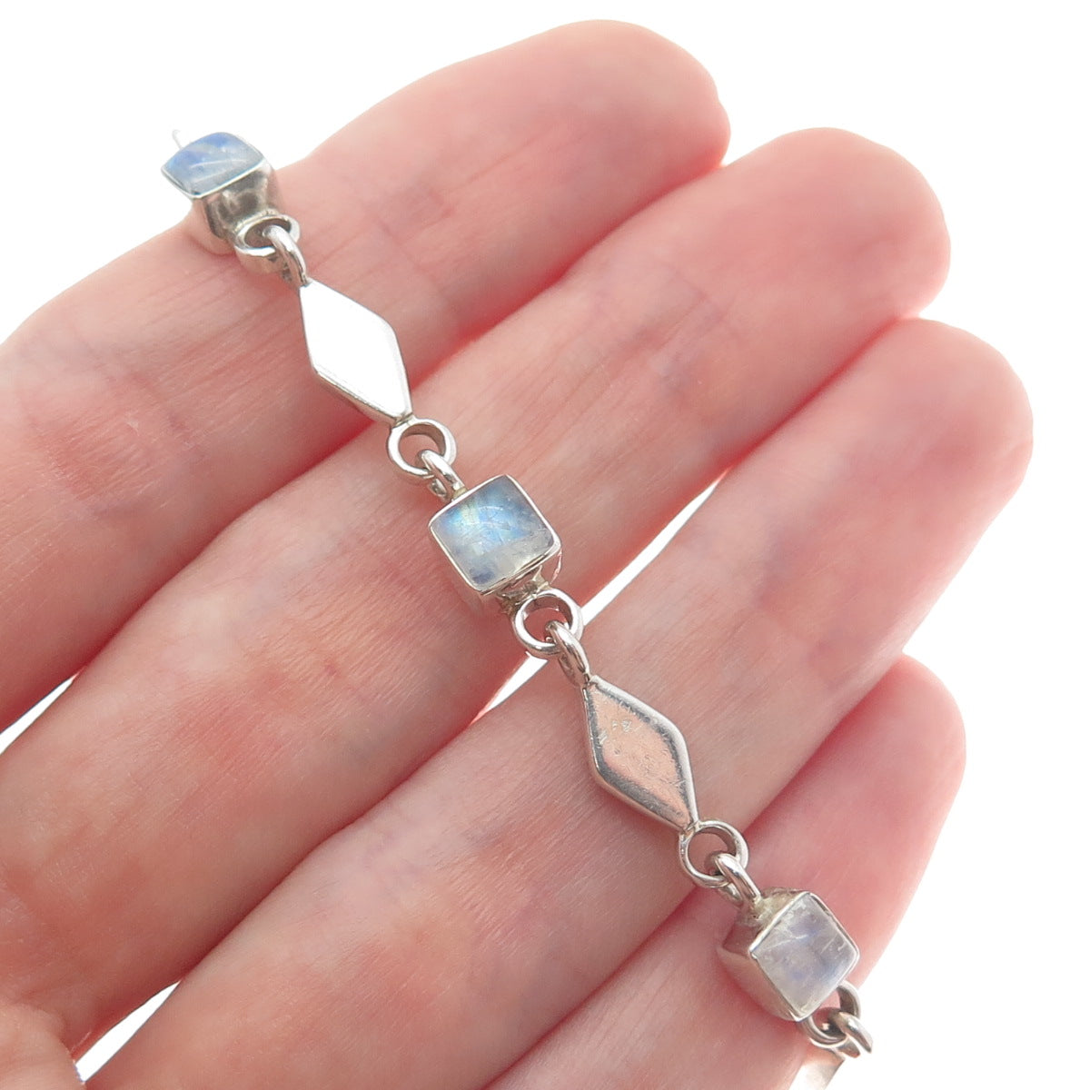 DOUG PAULUS Sterling Silver Vintage Real Moonstone Geometric Link Bracelet 7"