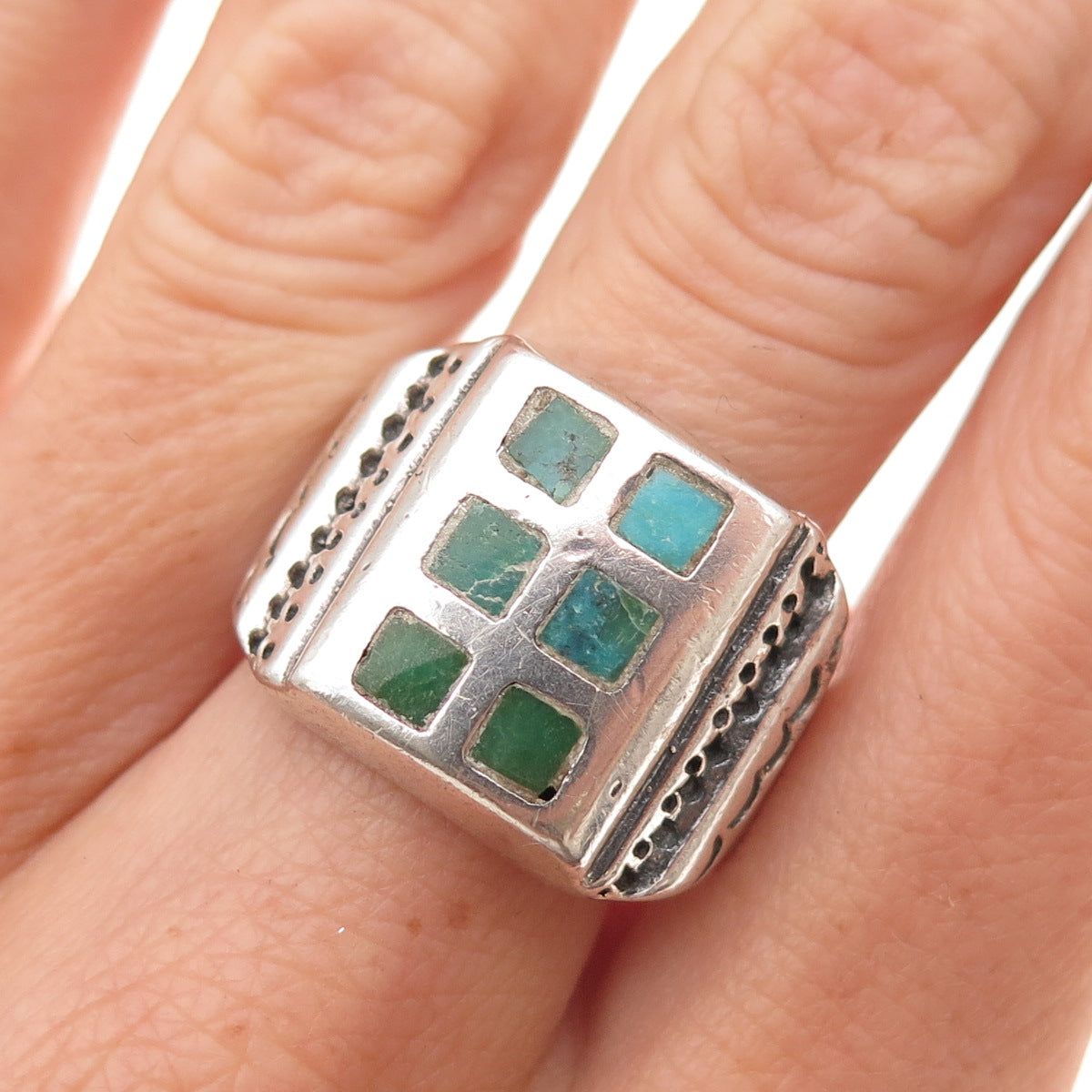 Old Pawn 925 Sterling Silver Vintage Southwestern Turquoise Tribal Ring Size 9.5
