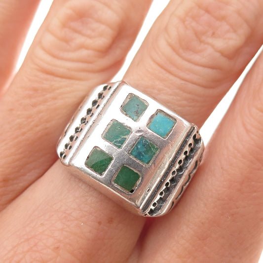 Old Pawn 925 Sterling Silver Vintage Southwestern Turquoise Tribal Ring Size 9.5