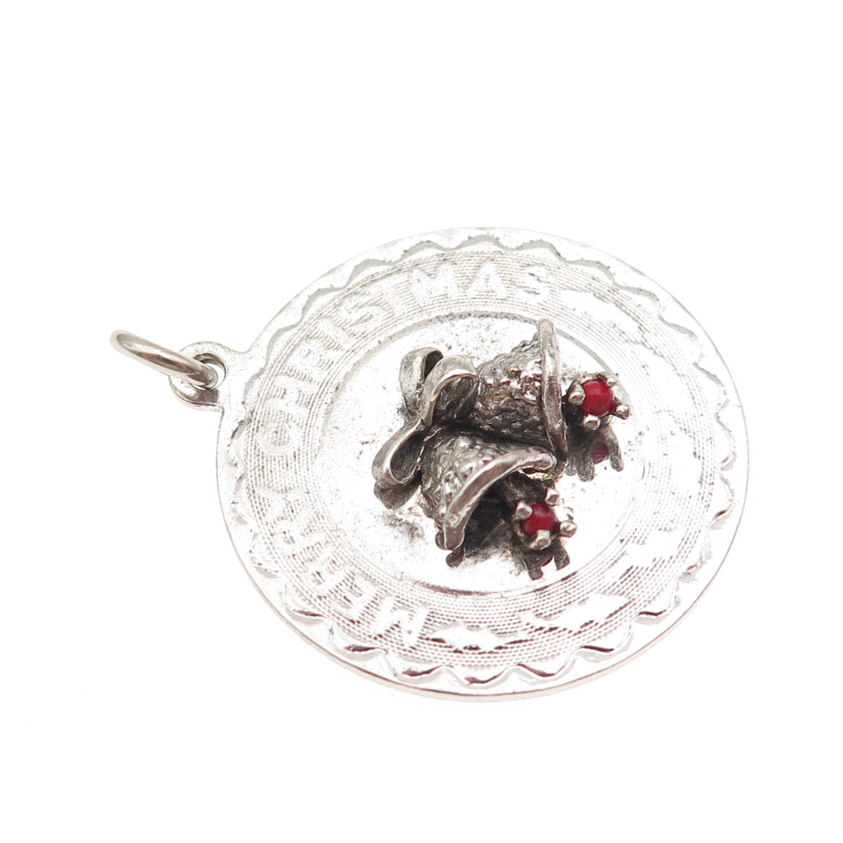ELCO 925 Sterling Silver Vintage Rhinestone Engraved Merry Christmas Pendant