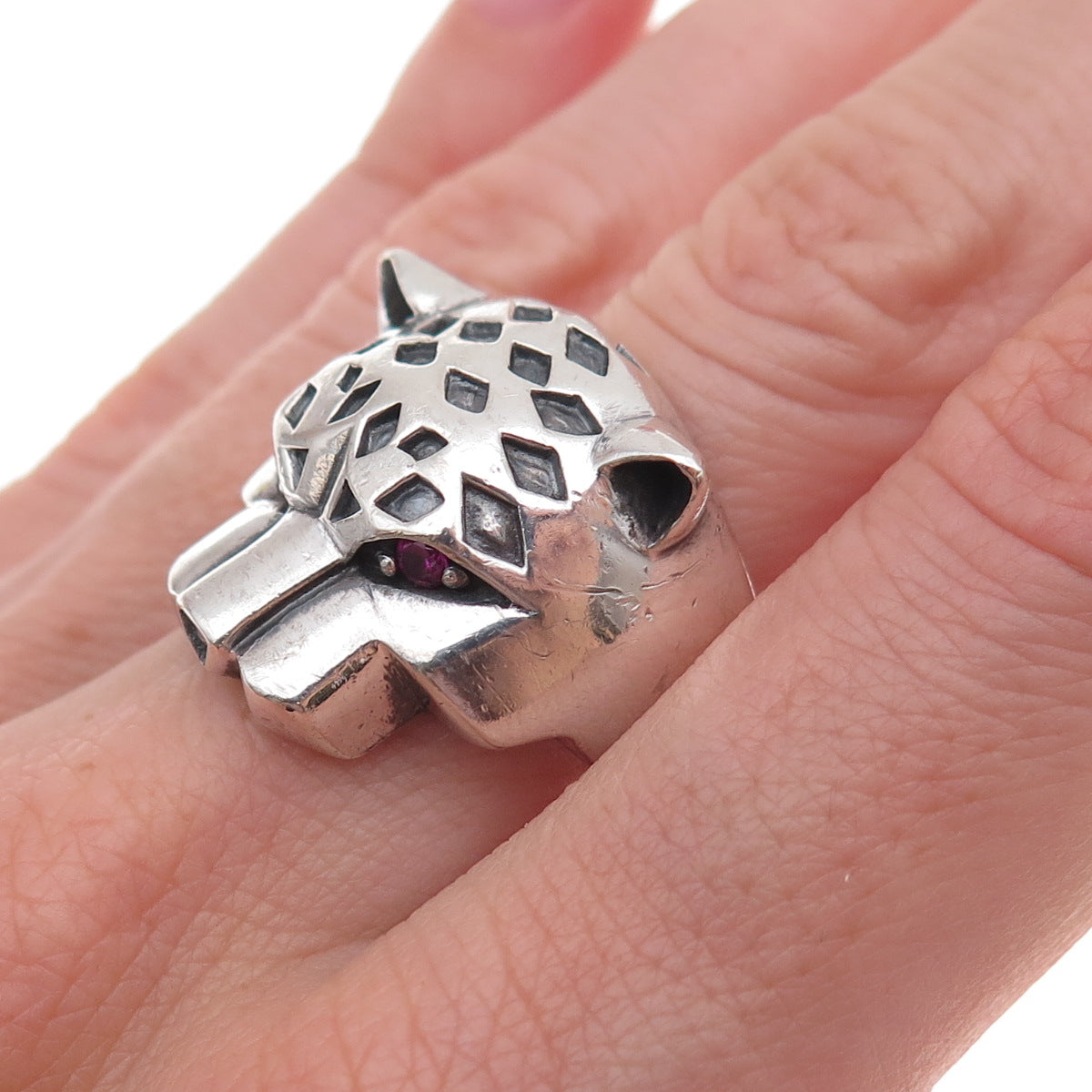 925 Sterling Silver Vintage Real Ruby Panther Oxidized Ring Size 8.25