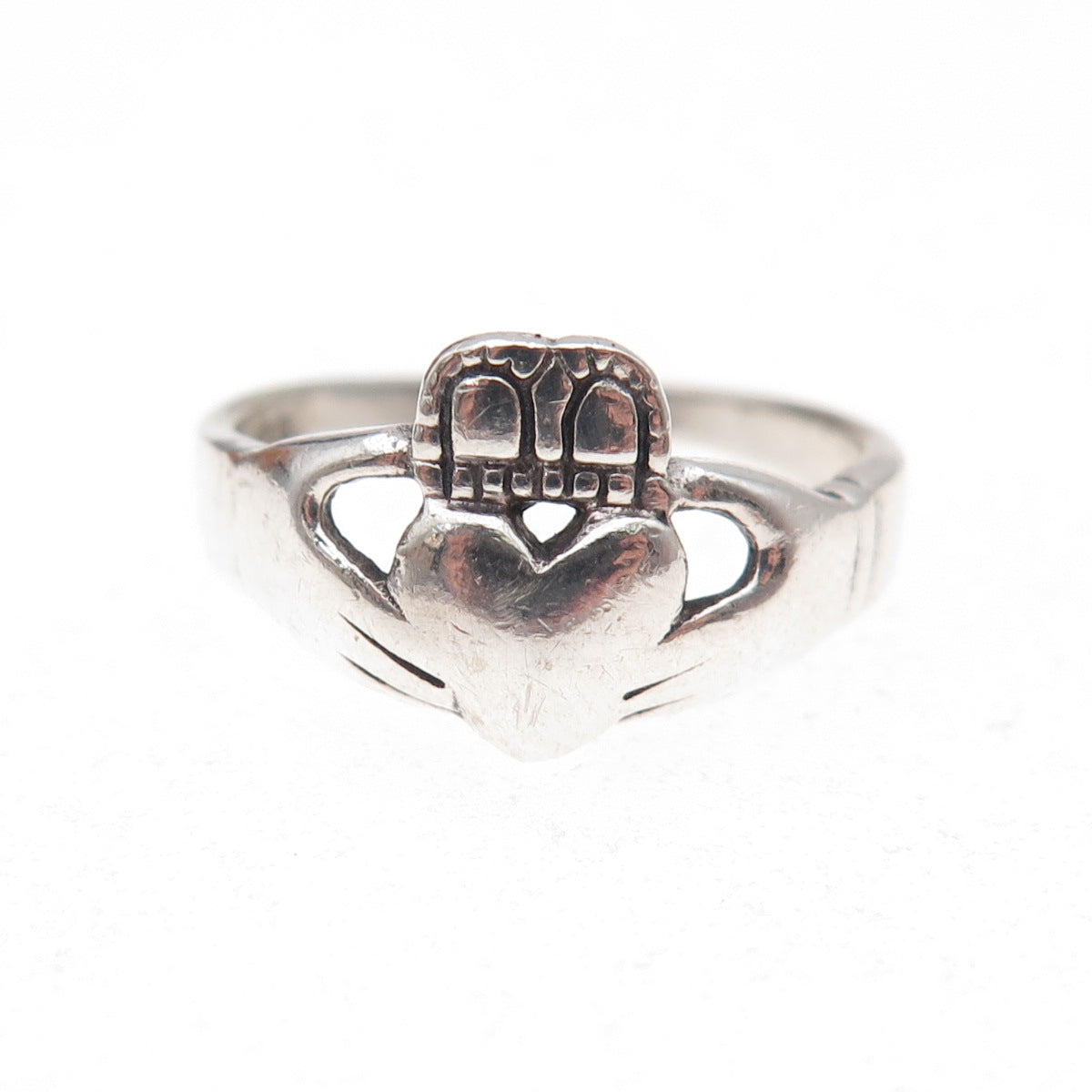 925 Sterling Silver Vintage Irish Claddagh Oxidized Ring Size 6.75