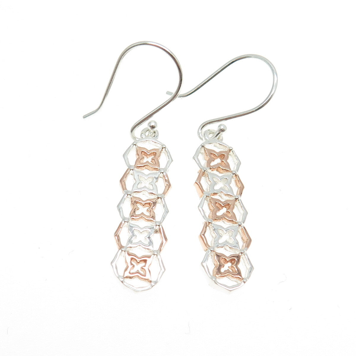 925 Sterling Silver 2-Tone Floral Link Dangling Earrings