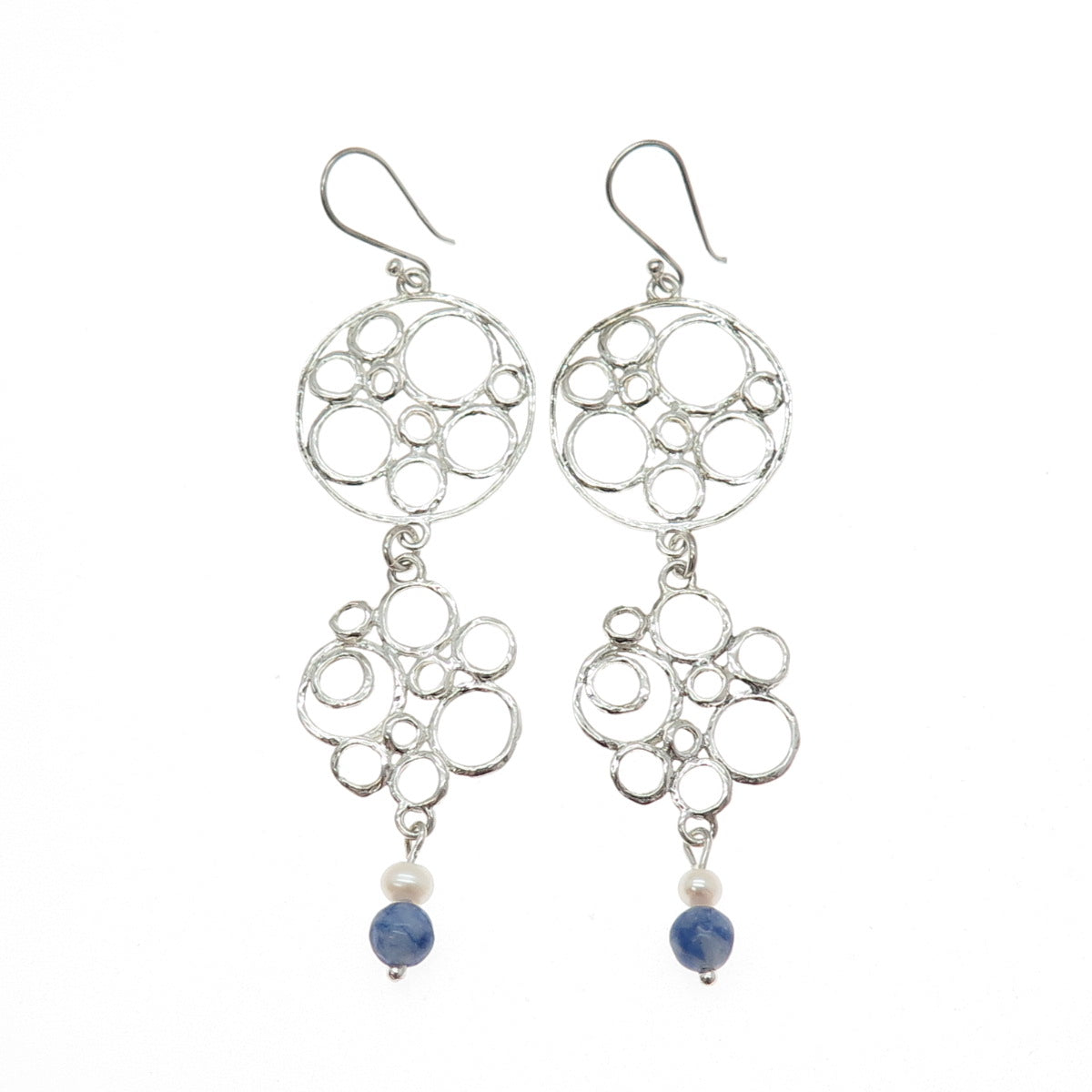 925 Sterling Silver Vintage Real Pearl Sodalite Modernist Circle Dangle Earrings