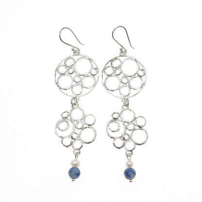 925 Sterling Silver Vintage Real Pearl Sodalite Modernist Circle Dangle Earrings