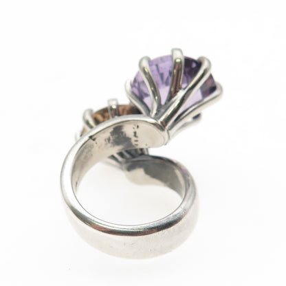 925 Sterling Silver Vintage Real Smoky Quartz & Amethyst Bypass Ring Size 5.75