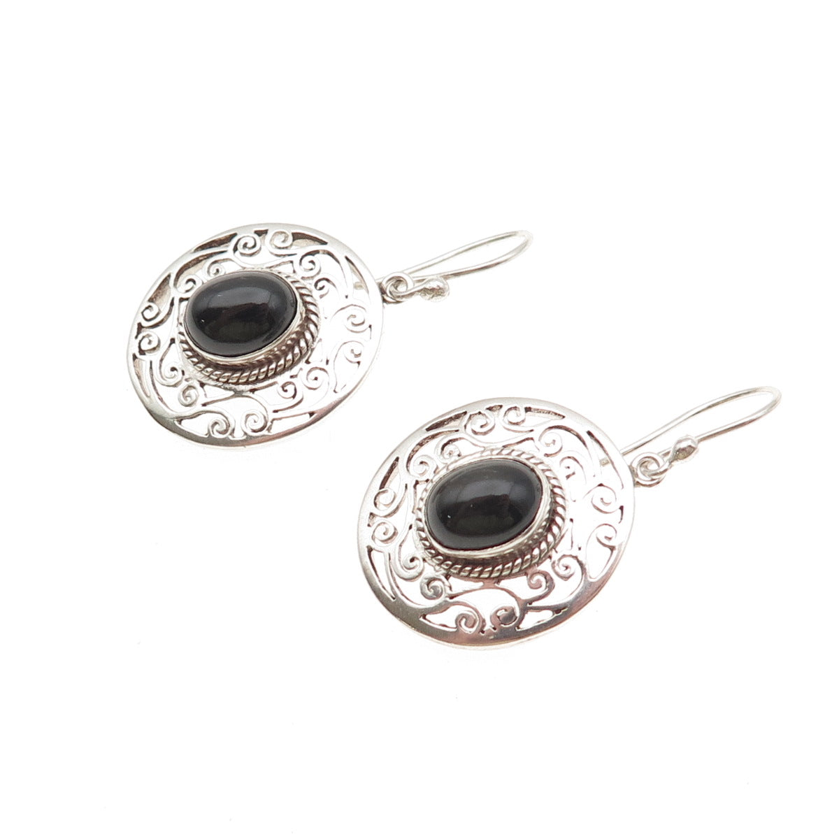 925 Sterling Silver Vintage Real Black Onyx Swirl Earrings