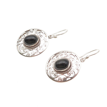 925 Sterling Silver Vintage Real Black Onyx Swirl Earrings