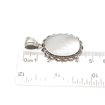 925 Sterling Silver Vintage Real MOP Floral Oxidized Pendant