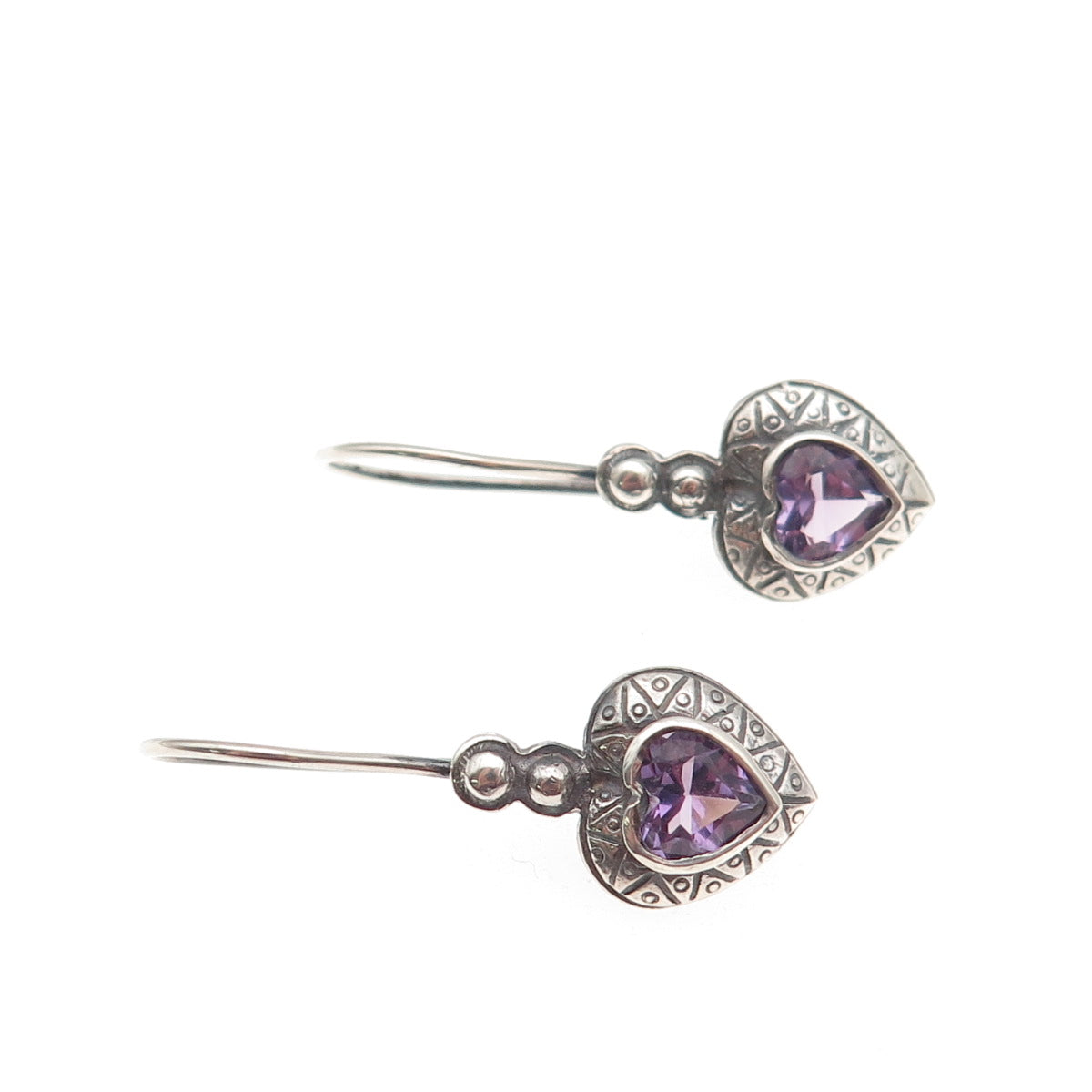 925 Sterling Silver Vintage Real Amethyst Heart Dangle Earrings