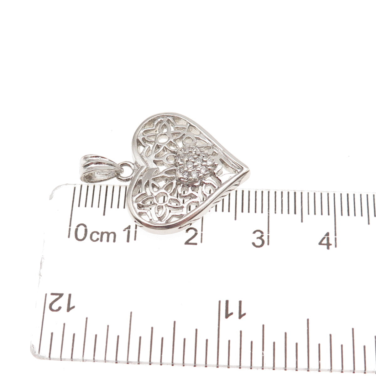 925 Sterling Silver Round-Cut C Z Floral Heart Charm Pendant