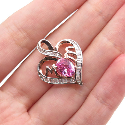 925 Sterling Rose Gold Plated Real Pink & White Topaz Mom Heart Charm Pendant