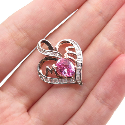 925 Sterling Rose Gold Plated Real Pink & White Topaz Mom Heart Charm Pendant