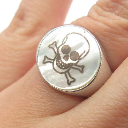 925 Sterling Silver Real Mother-of-Pearl & Enamel Skull & Bones Ring Size 6