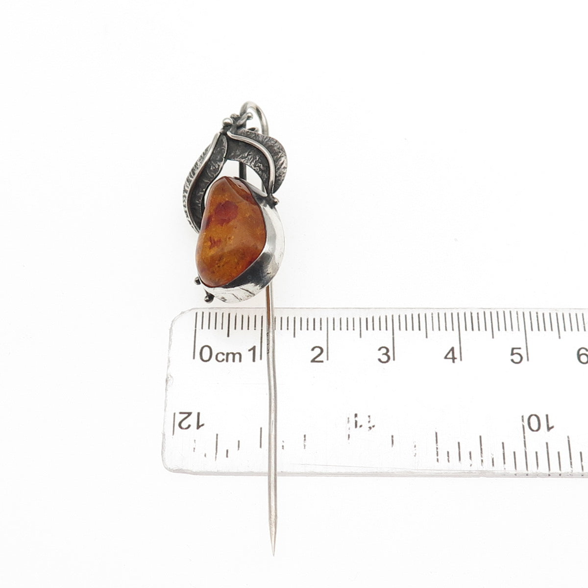 800 Silver Vintage JS Poland Real Amber Modernist Floral Oxidized Lapel Pin