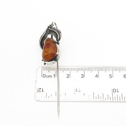 800 Silver Vintage JS Poland Real Amber Modernist Floral Oxidized Lapel Pin