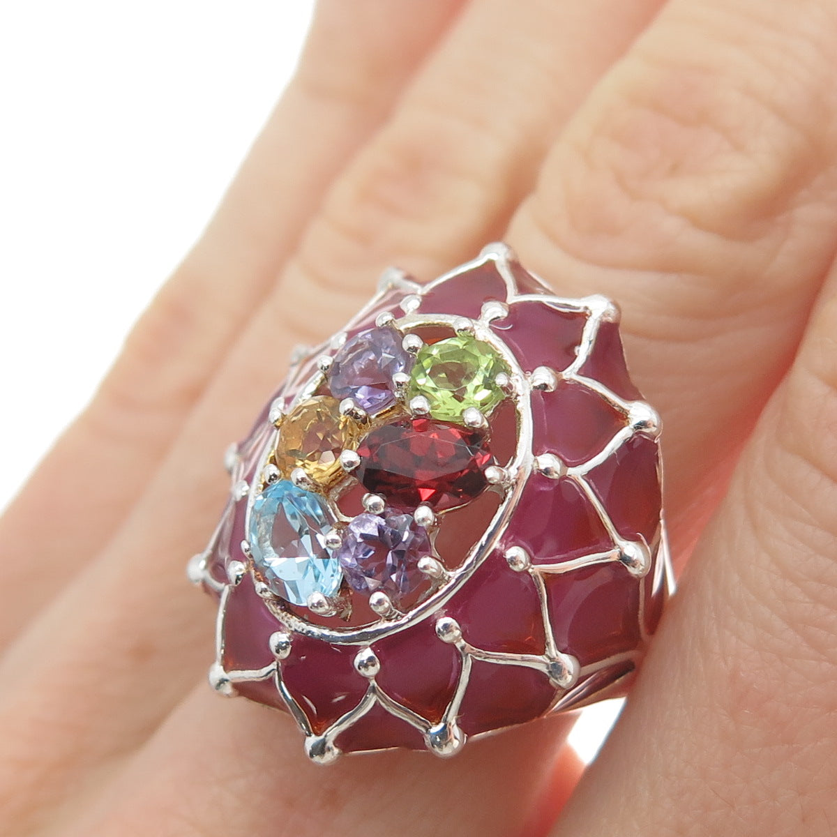 925 Sterling Silver Enamel Topaz Garnet Amethyst Peridot Citrine Ring Size 7.25