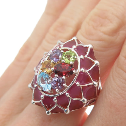 925 Sterling Silver Enamel Topaz Garnet Amethyst Peridot Citrine Ring Size 7.25