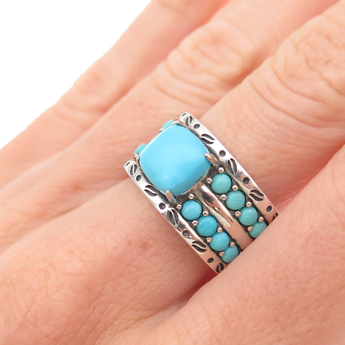 925 Sterling Silver Real Sleeping Beauty Turquoise Oxidized Ring Size 8.5