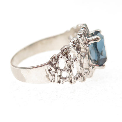925 Sterling Silver Vintage Oval-Cut Blue Glass Modernist Ring Size 9.75