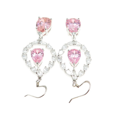 925 Sterling Silver White & Pink C Z Chandelier Dangle Hook Earrings