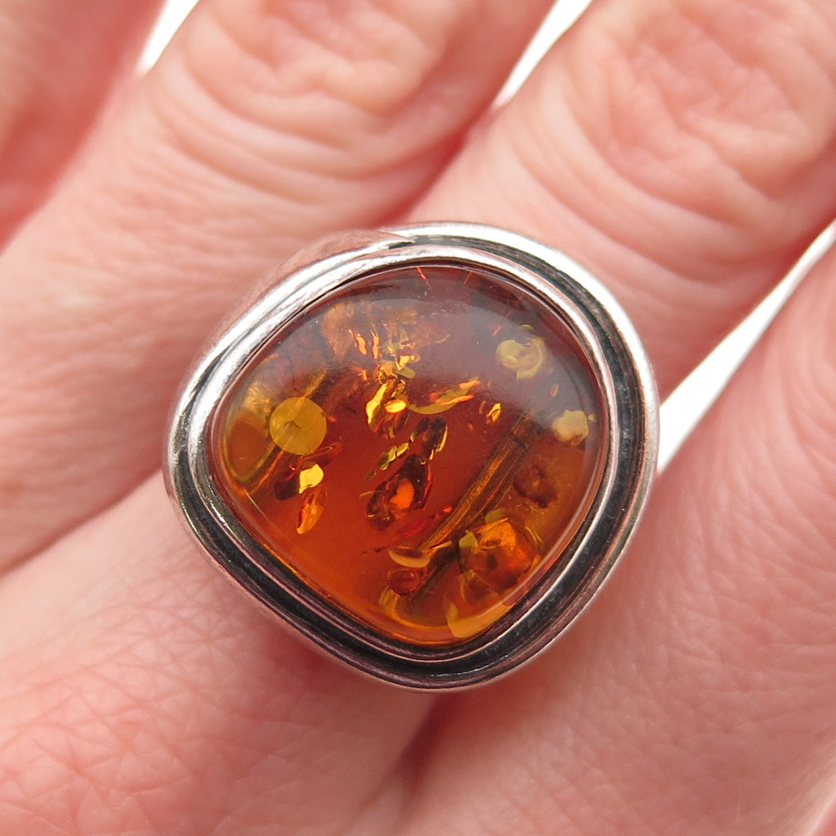 925 Sterling Vintage Poland Real Amber Modernist Adjustable Ring Size 8.75
