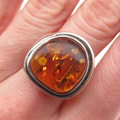 925 Sterling Vintage Poland Real Amber Modernist Adjustable Ring Size 8.75
