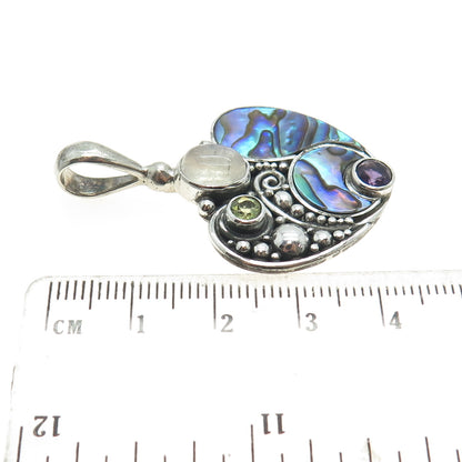 SAJEN 925 Sterling Silver Vintage Abalone Shell Peridot Moonstone Gem Pendant